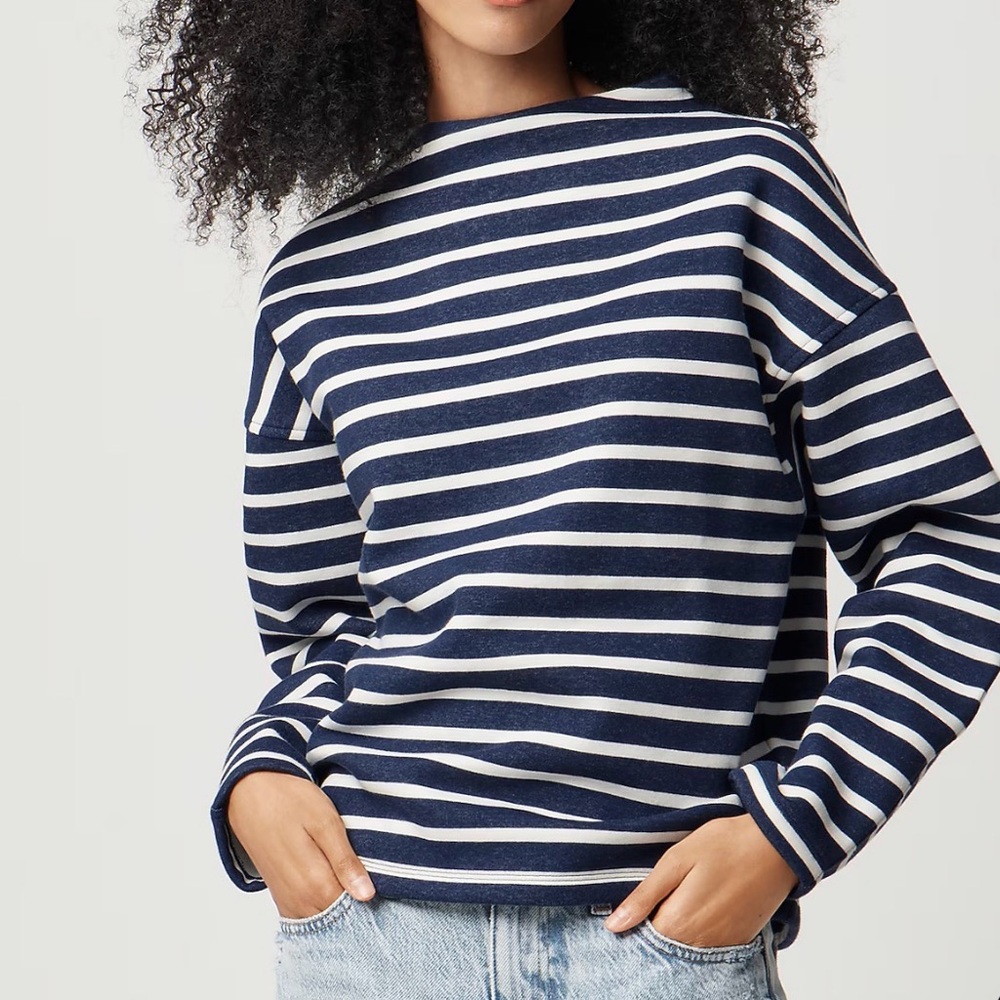 J. Crew Navy and White Striped fleece mockneck sweatshirt